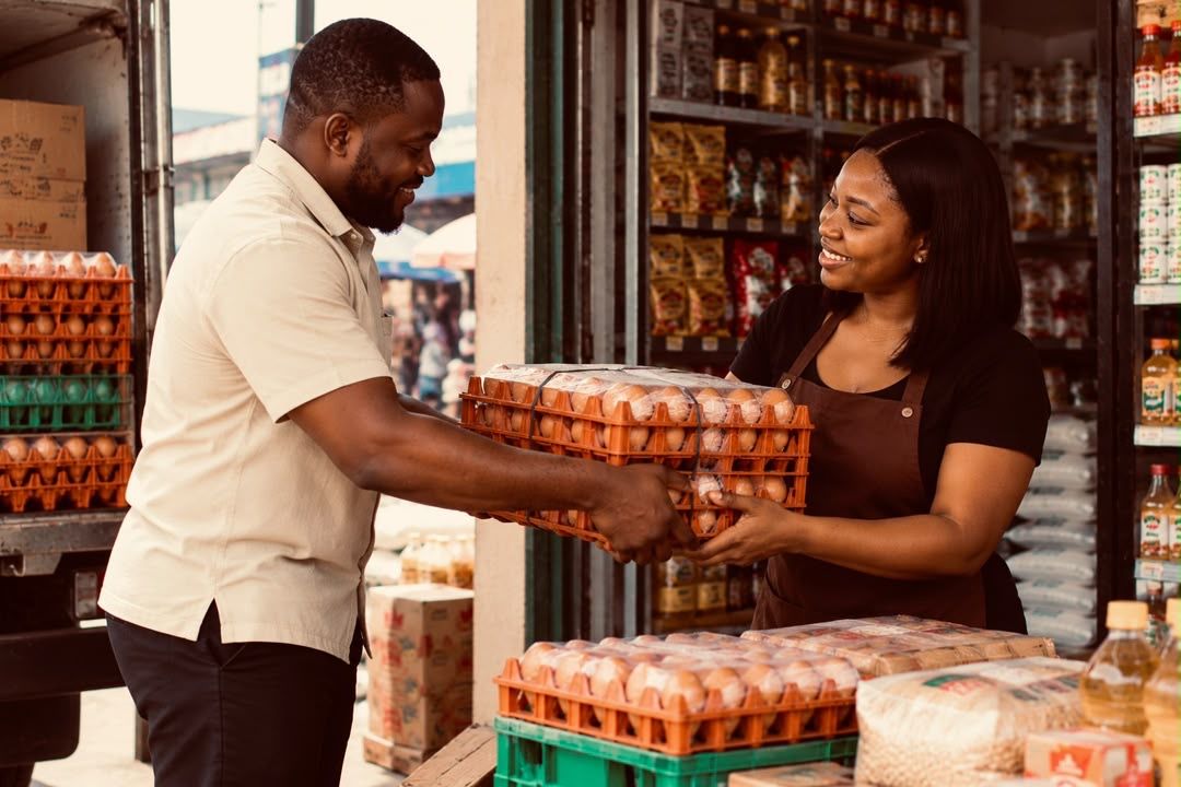 A distributor handing crates of eggs to a shop owner