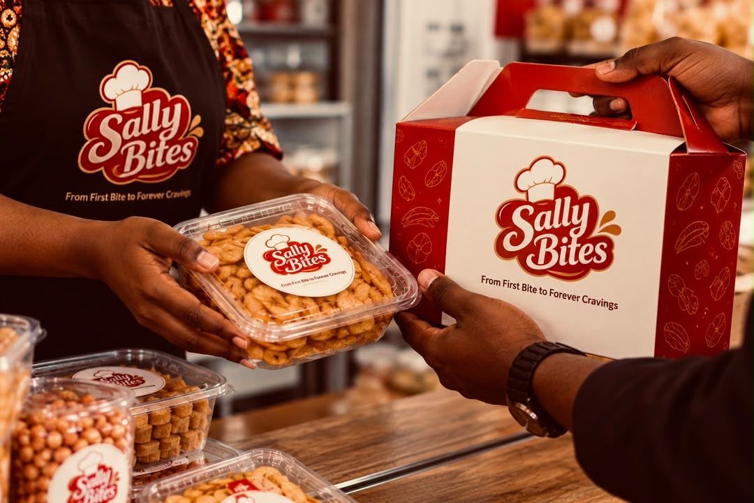 A snack seller handing a branded box and tub to a customer